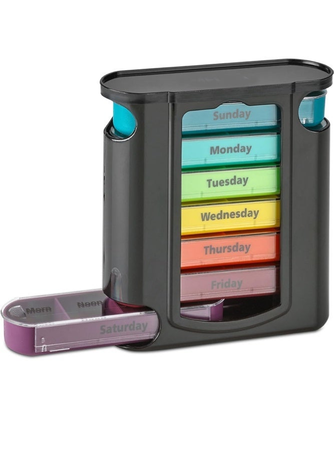 منظم حبوب أسبوعي، موزع واحد، 7 حجرات قابلة للتكديس، أربع جرعات يومية – صباحًا، ظهرًا، مساءً وقبل النوم، أسود - Image 1